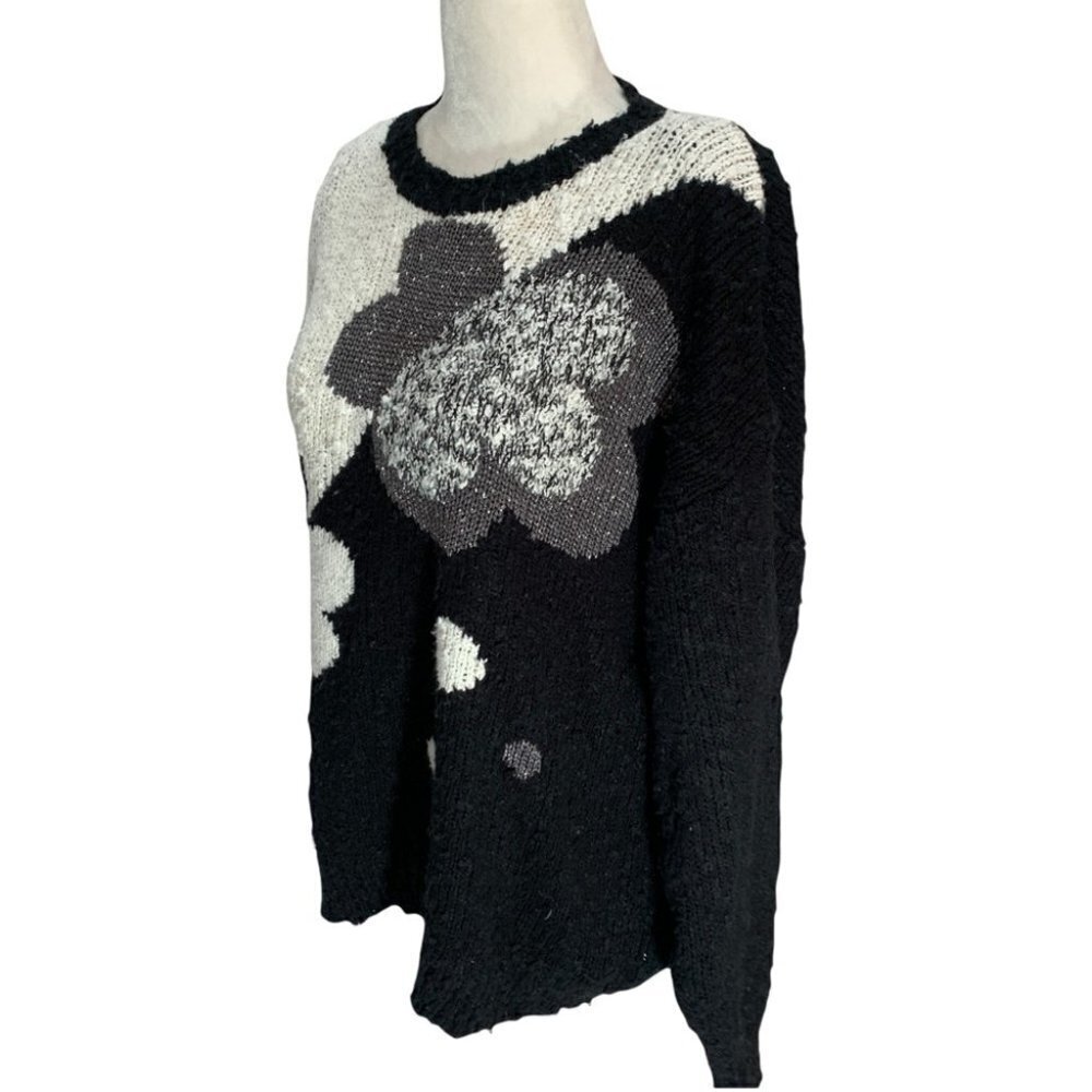 𝅺vintage 80's Canda Black/White Chunky Floral Long Sleeve Sweater Size M/L - Picture 4 of 8